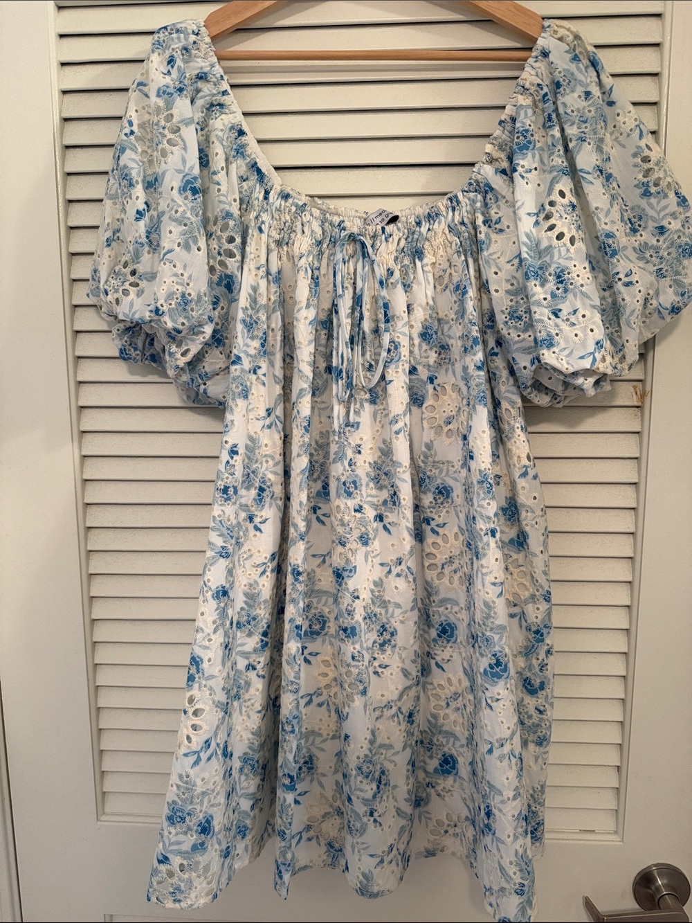 Blue Floral Eyelet Mini Dress with Puff Sleeves